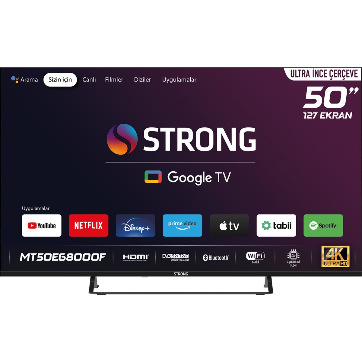110000687053255.jpg Strong MT50EG8000F 50" 127 Ekran 4K Ultra HD Dahili Uydu Alıcılı Google TV - Ultra Ince Çerçeve - Görsel 1