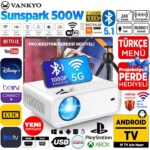 Vankyo Sunspark 500W Android TV 1080P Destekli Projeksiyon Cihazı 5G Wi-Fi + 5.1 Bluetooth - LCD LED - 240 Inç Yansıtma-Dahili Hoparlör-PS5/XBOX/HDMI/USB/VGA/AV