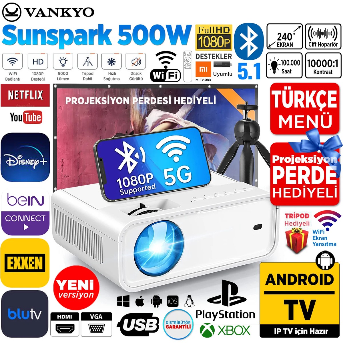 110000719200638.jpg Vankyo Sunspark 500W Android TV 1080P Destekli Projeksiyon Cihazı 5G Wi-Fi + 5.1 Bluetooth - LCD LED - 240 Inç Yansıtma-Dahili Hoparlör-PS5/XBOX/HDMI/USB/VGA/AV - Görsel 1