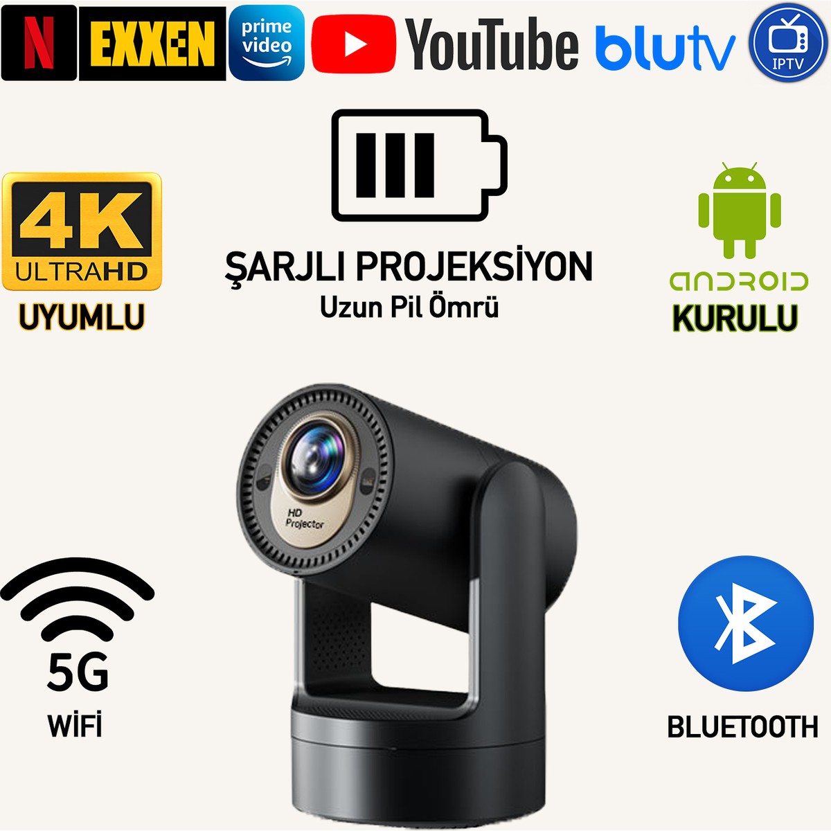 110000902561410.jpg Robeve Kalobee Şarjlı Akıllı Mini Projektör Şarjlı Projeksiyon Cihazı - Android Kurulu, 4K/1080P Çözünürlük, Wifi 6, Bluetooth 5.0, Taşınabilir Kablosuz Ev Sineması Projektörü Akıllı Projeksiyon - Görsel 1