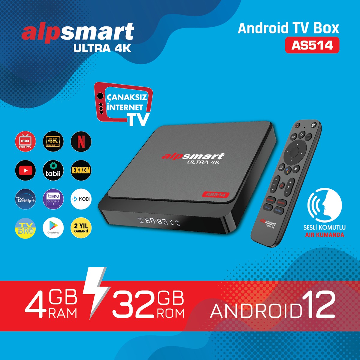 110000941092297.jpg Alpsmart AS514 4G/32G Android TvBox Ses Komutlu BT Air Kumanda Android 12 - Görsel 1