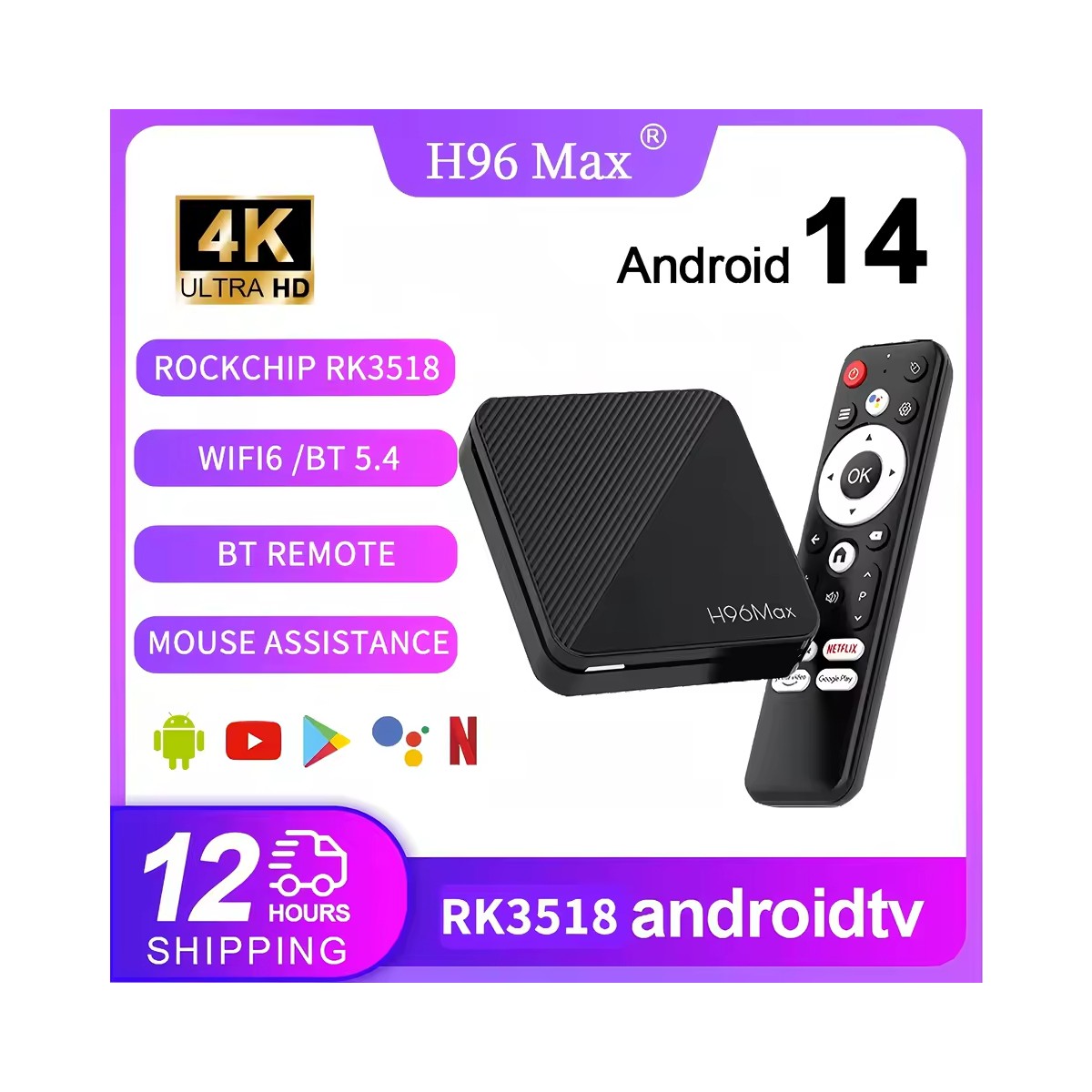 110001122582977.jpg H96MAX RK3518 4K Android 14.0 Tv Box 2GB+16GB Medya Oynatıcı Air Mouse Wifi6 Bt 5.4 Ethernet Sesli Komut - Görsel 1