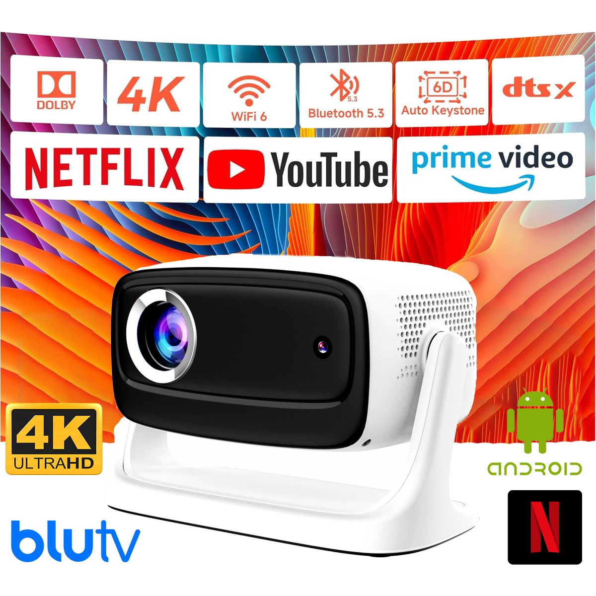 110001160321775.jpg Robeve Lensun 4K Full Hd New 15 LED Projeksiyon Cihazı – 200 Inç, Wi-Fi, Bluetooth 5.2, Hdmı/usb/playstore, Android Tv, Otomatik Görüntü Düzeltme, Dahili Hoparlör - Görsel 1