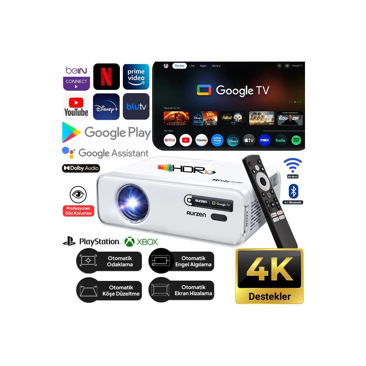 110001204645771.jpg Vankyo Aurzen D1G Android Google Tv 4K Destekli Projeksiyon Cihazı +HDR10+AUTO Focus+Auto Keystone+6g Wifi+6.1bt+Dolby Ses Sistemi - Ps5/ps4/xbox - Görsel 1