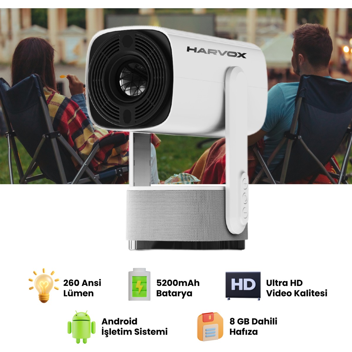 110001211236800.jpg Harvox K2 Bataryalı Projeksiyon Cihazı Taşınabilir 4K Destekli 1080P Android Sistemli Projektör - Görsel 1