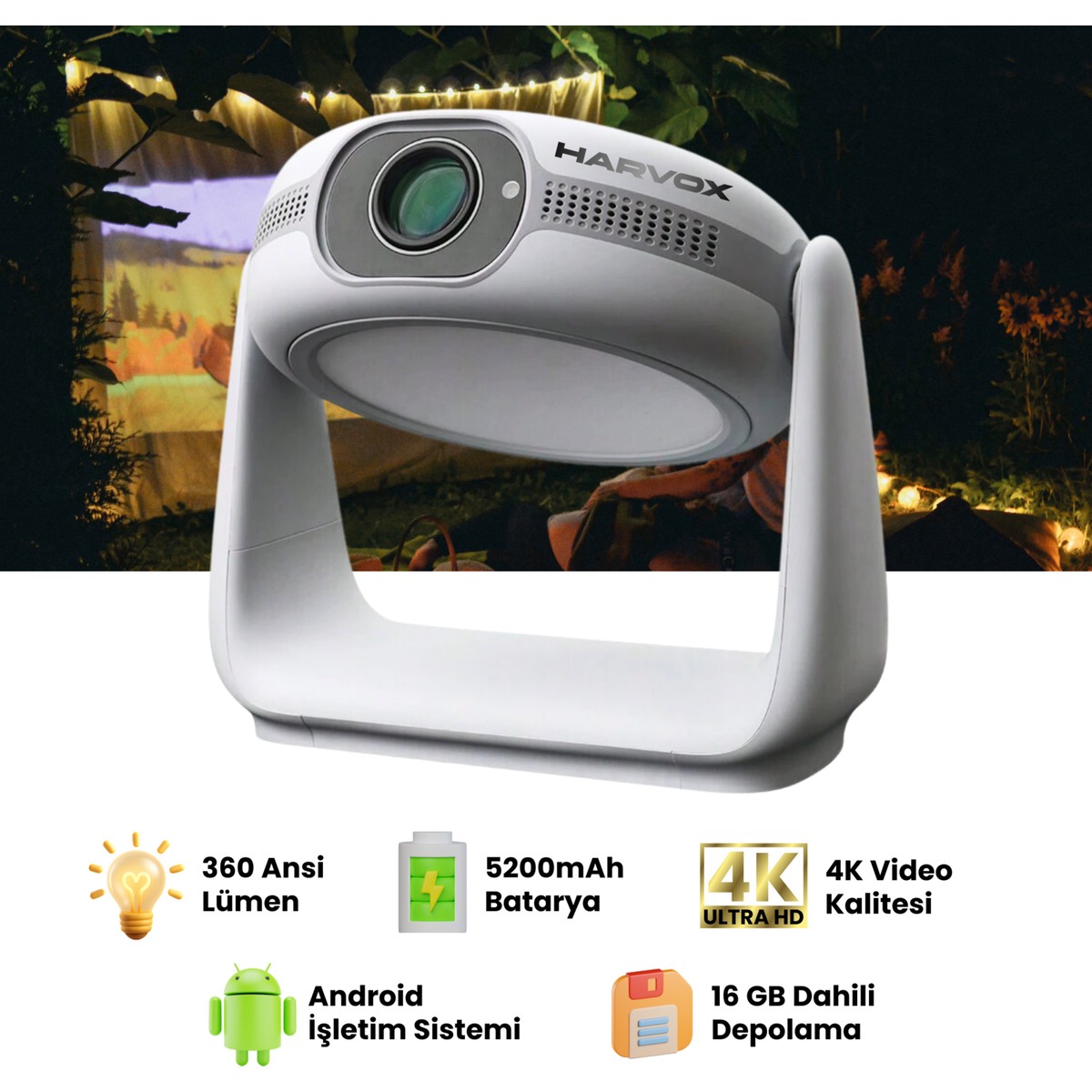 110001211254667.jpg Harvox Apollon P1 Bataryalı Projeksiyon Cihazı Taşınabilir 4K Destekli 1080P Android Sistemli Projektör - Görsel 1