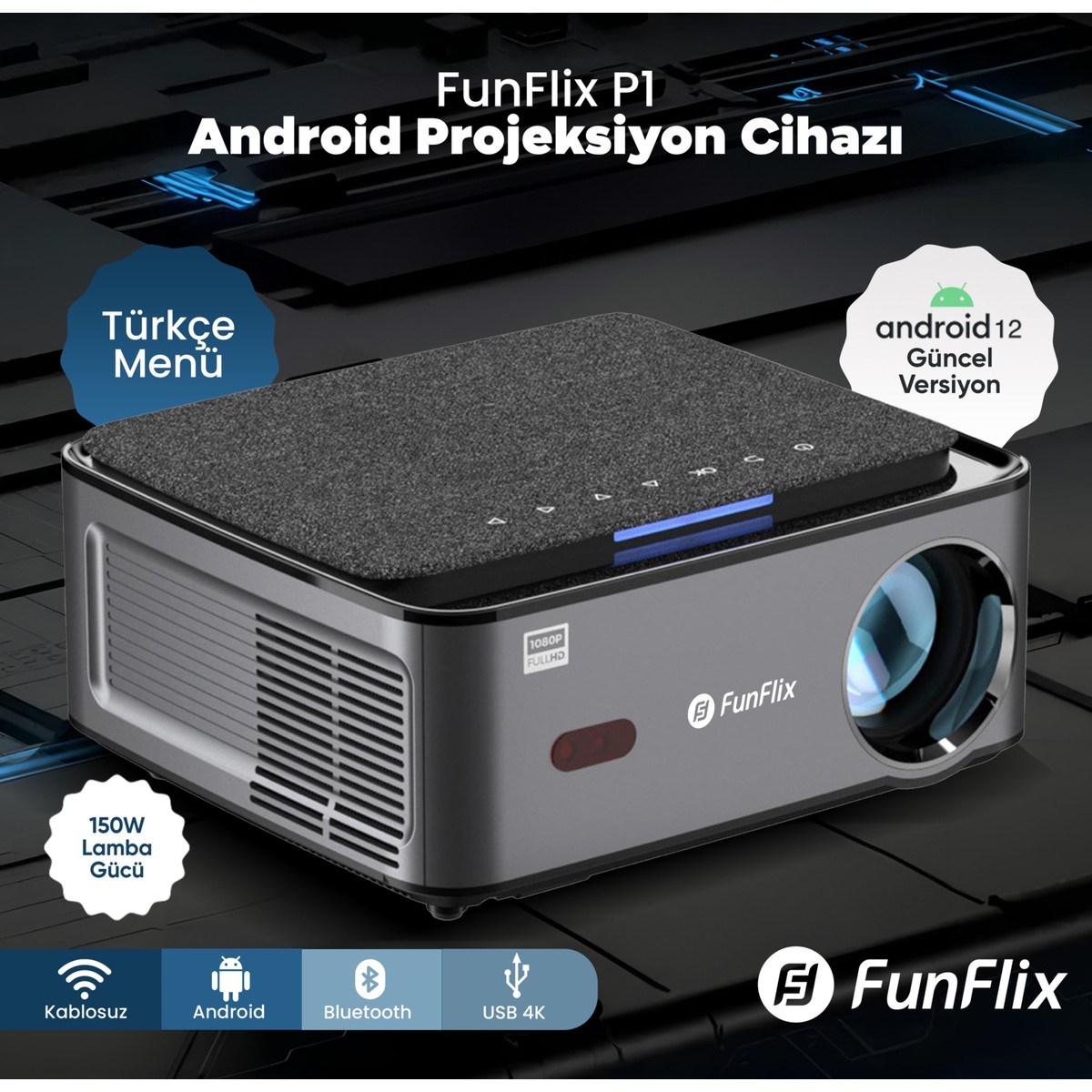 110001247867193.jpg Funflix P1 Android 4K Destekli LED Full Hd Projeksiyon Cihazı, Bluetooth, 150W Lamba, 300 Inç Görüntü - Görsel 1
