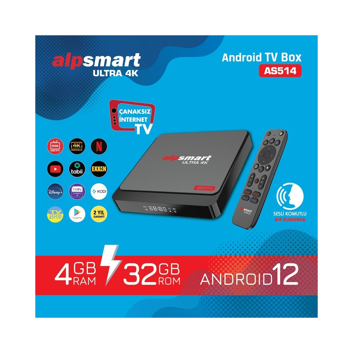 110001277699129.jpg Alpsmart AS514 Android Tv Box Ses Komutlu Kumanda 4 GB Ram 64 GB Hafıza - Görsel 1